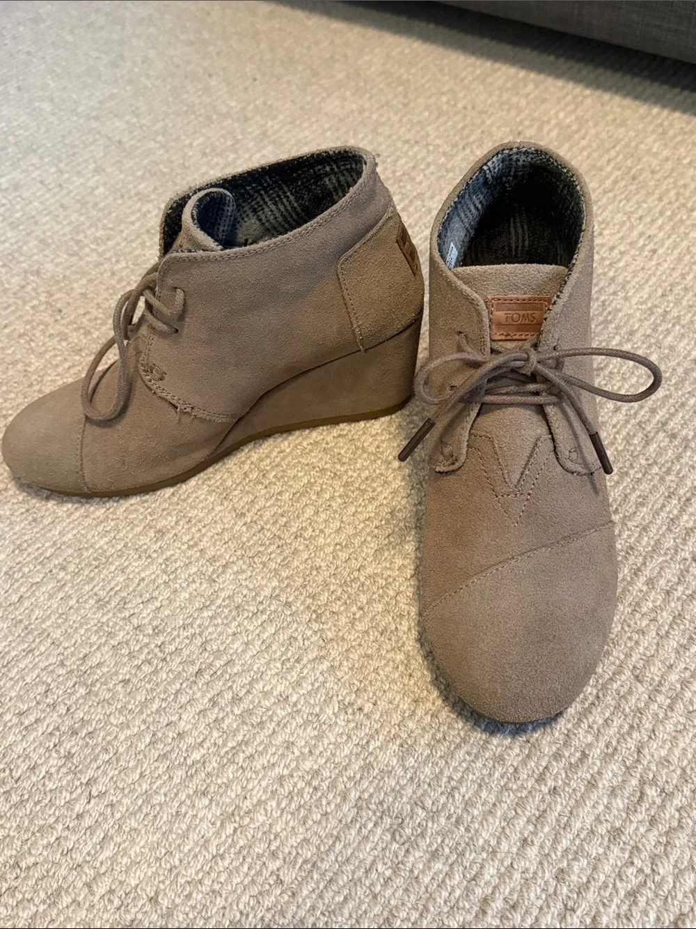 TOMS Taupe Suede Lace-Up Wedge Ankle Boots